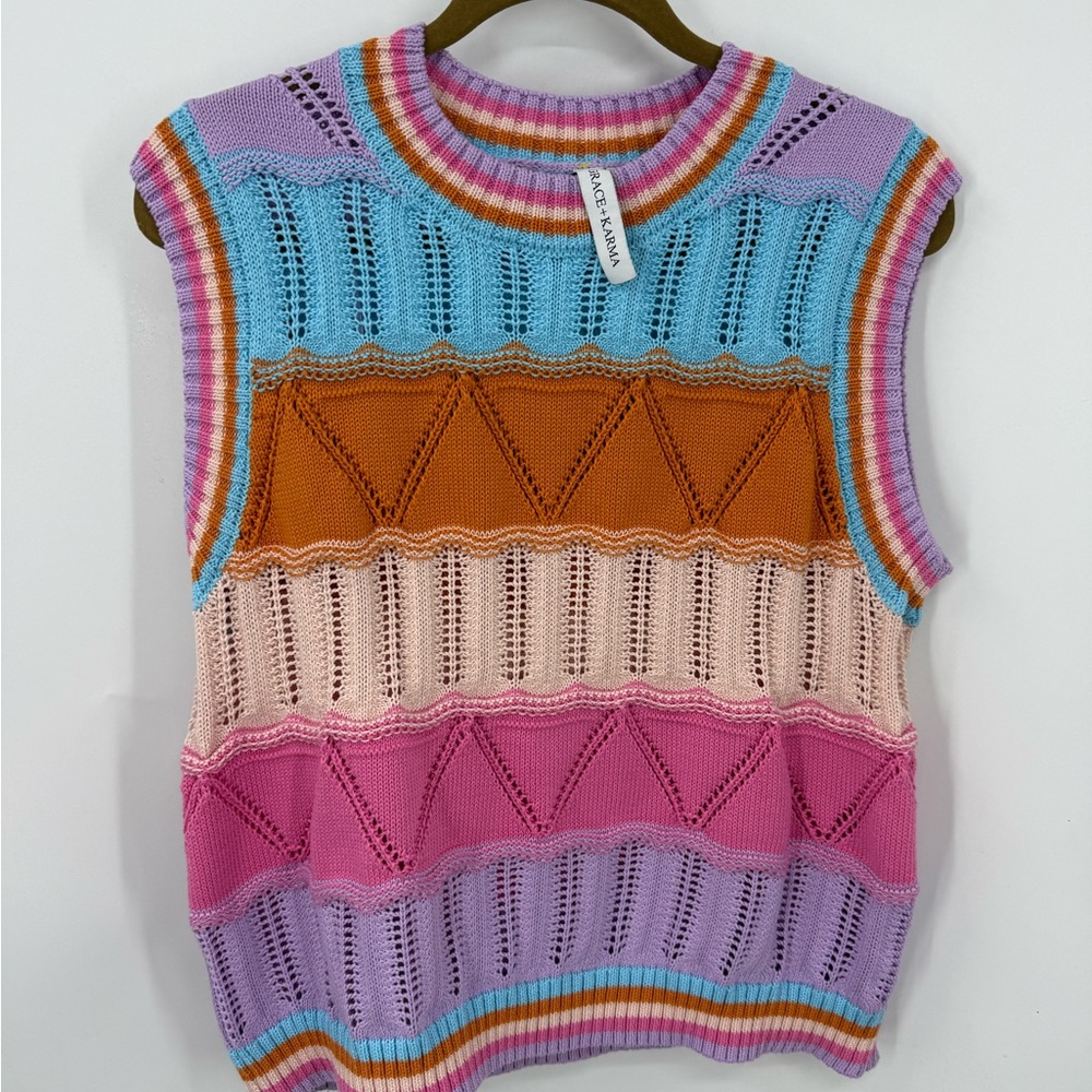 Grace+Karma multicolored striped eyelet knit sweater vest. 1X